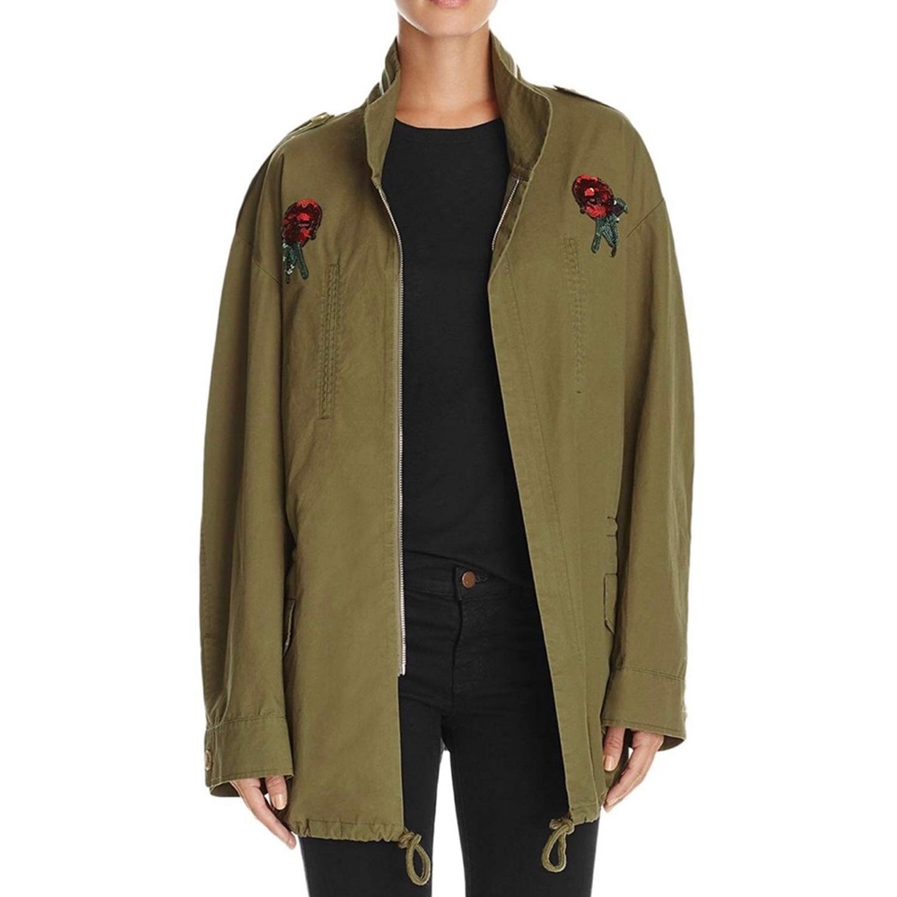 Olive Sequin Rose Garden Military Bomber Jacket